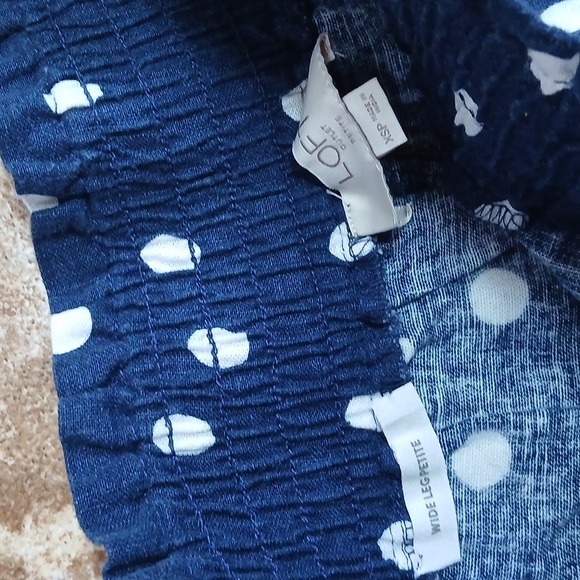 LOFT Wide Leg Petite  Dark Blue Polka Dot Pants Elastic Waist - Picture 3 of 4